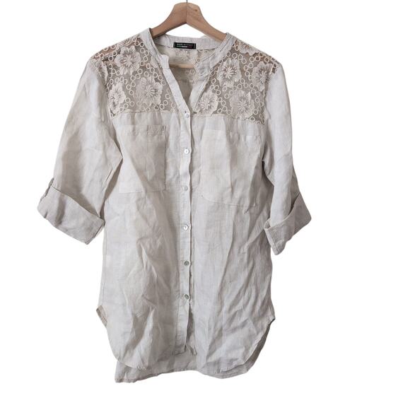 Made in Italy 100% Linen Top Womens Small Button Up Tunic Beige Neutral Lace - Picture 1 of 8
